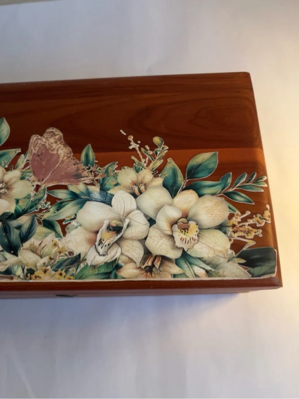 Decorative Wooden Jewelry Box with Floral Inlay - Brown